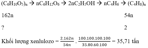 Cho sơ đồ phản ứng sau: Xenlulozo→35%X→80%Y→60%Z→100%Caosubuna Để điều chế được 2 tấn cao su buna thì khối lượng xenlulozo cần lấy là: