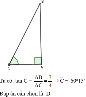 Một cột đèn điện AB cao 7m có bóng in trên mặt đất là AC dài 4m. Hãy tính góc BCA^ (làm tròn đến phút) mà tia sáng mặt trời tạo với mặt đất.