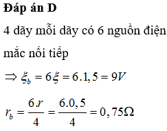 Có 24 nguồn điện giống nhau, suất điện động và điện trở trong của mỗi nguồn là ξ = 1,5V và r = 0,5Ω, mắc hỗn hợp đối xứng thành bốn dãy song song với nhau ( mỗi dãy có sáu nguồn điện mắc nối tiếp). Suất điện động và điện trở trong của bộ nguồn