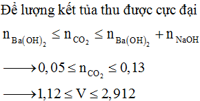 Sục khí CO<sub>2</sub>vào 100 ml dung dịch X chưa đồng thời Ba(OH)<sub>2 </sub>0,5M và NaOH 0,8M. Xác định thể tích khí CO<sub>2</sub> (đktc) để khi hấp thu vào dung dịch X kết tủa thu được luôn đạt giá trị cực đại?