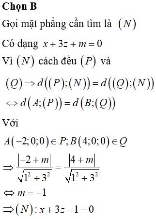 Trong không gian Oxyz, cho hai mặt phẳng P:x+3z+2=0,Q:x+3z-4=0 . Mặt phẳng song song và cách đều (P), (Q) có phương trình là