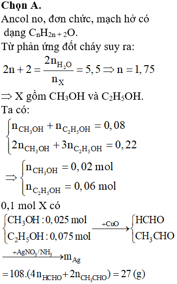 Đốt cháy hoàn toàn 0,08 mol hỗn hợp X gồm hai ancol (no, đơn chức, mạch hở, là đồng đẳng kế tiếp) thu được 3,96 gam H<sub>2</sub>O. Nếu oxi hóa hết 0,1 mol X bằng CuO, thu được hỗn hợp anđehit. Cho hỗn hợp anđehit trên tác dụng với lượng dư dung dịch AgNO<sub>3</sub> trong NH<sub>3</sub>, thu được m gam Ag. Giá trị của m là