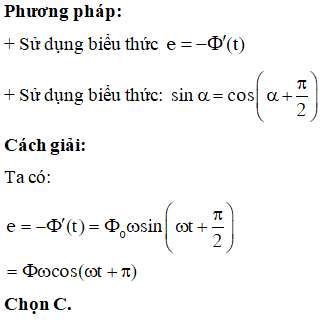 Khi từ thông qua một khung dây dẫn có biểu thức Φ=Φ0cosωt+π2Wb thì trong khung dây xuất hiện một suất điện động cảm ứng có biểu thức e=E0cos(ωt+φ)V. Biết Φ0,E0và ω là các hằng số dương. Giá trị của φ là