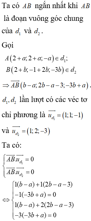 Trong không gian Oxyz, cho hai đường thẳng d1: x-21=y-21=z-1; d2: x-21=y+12=z-3 Phương trình đường thẳng △ cắt d1,d2 lần lượt tại A và B sao cho AB nhỏ nhất là