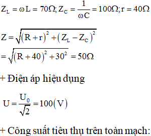 Cho mạch điện gồm cuộn dây có điện trở r = 40 Ω và độ tự cảm L=0,7πH, tụ điện có điện dung C=100πμF và điện trở thuần R thay đổi được mắc nối tiếp với nhau. Đặt vào hai đầu mạch điện một hiệu điện thế xoay chiều u=1002cos100πt (V). Thay đổi R thì công suất tiêu thụ trên toàn mạch đạt giá trị cực đại bằng