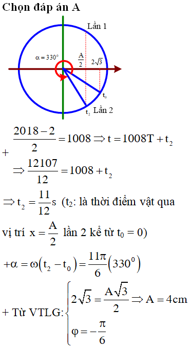 Một chất điểm dao động điều hòa có biên độ là A, chu kì T = 1 s. Tại thời điểm t = 0 chất điểm có li độ 23cm đang tăng. Tại thời điểm t =1210712s, chất điểm qua vị trí có li độ x = A2 lần 2018. Biên độ và pha ban đầu của dao động