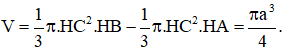 Cho tam giác ABC có A^=120°, AB=AC=a. Quay tam giác ABC (bao gồm cả điểm trong tam giác) quanh đường thẳng AB ta được một khối tròn xoay. Thể tích khối tròn xoay đó bằng