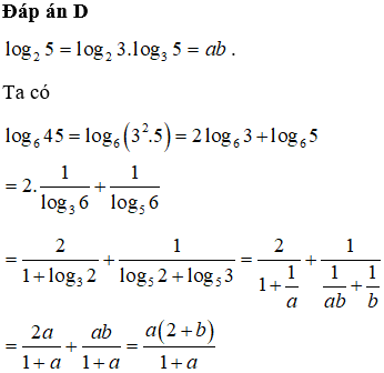 Cho a=log23 và b=log35. Tính log645