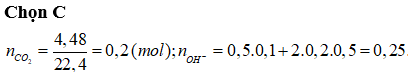 Hấp thụ hoàn toàn 4,48 lít khí CO2 ở đktc vào 500ml dung dịch hỗn hợp gồm NaOH 0,1M và Ba(OH)2 0,2M, sinh ra m gam kết tủa. Giá trị của m là