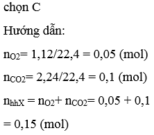 Một bình chứa hỗn hợp khí X gồm 1,12 lít khí oxi và 2,24 lít khí cacbon đioxit ở đktc. Tổng số mol các khí trong hỗn hợp khí X là: