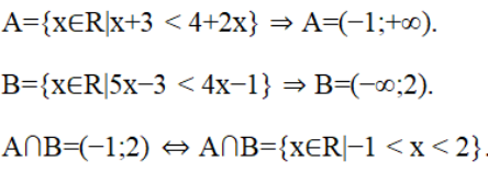 Cho hai tập A=x∈ℝx+3<4+2x,B=x∈ℝ5x−3<4x−1Tất cả các số tự nhiên thuộc cả hai tập A và B là: