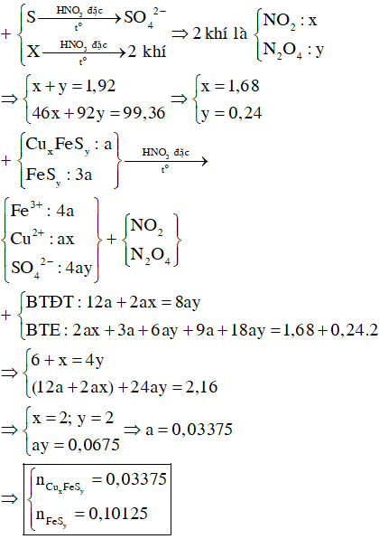 Hòa tan hoàn toàn hỗn hợp X gồm a mol Cu<sub>x</sub>FeS<sub>y</sub> và b mol FeS<sub>y</sub> ( a: b =1: 3; x,y nguyên dương) trong dung dịch HNO<sub>3</sub> đặc nóng thu được dung dịch Y chỉ gồm 2 muối sunfat, đồng thời giả phóng 43,008 lít ( đktc) hỗn hợp 2 khí có tỉ khối so với He là 12,9375. Giá trị a, b lần lượt là: