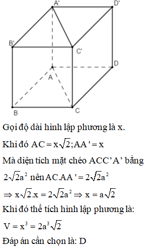 Cho hình lập phương ABCD.A'B'C'D' có diện tích mặt chéo ACC’A’ bằng 22a2. Thể tích của khối lập phương ABCD.A’B’C’D’ bằng: