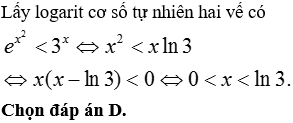 Tập nghiệm của bất phương trình ex2<3x.