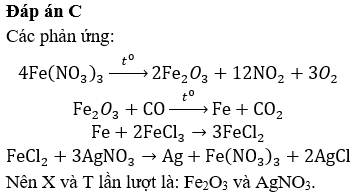 Cho sơ đồ chuyển hoá giữa các hợp chất của sắt: Fe(NO3)3 →t0X→+CO,t0⁡(dl⁡)→+FeCl3 Z→+TFe(NO3)3 Các chất X và T lần lượt là