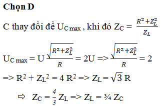 Đặt điện áp xoay chiều có giá trị hiệu dụng U, tần số không đổi vào hai đầu đoạn mạch R, L, C mắc nối tiếp, L là cuộn dây thần cảm, tụ điện có điện dung C thay đổi được. Thay đổi điện dung của tụ điện đến giá trị C<sub>0</sub> thì điện áp hai đầu tụ điện đạt giá trị cực đại 2U. Hệ thức liên hệ giữa điện trở R, cảm kháng Z<sub>L</sub> và dung kháng Z<sub>C</sub> là