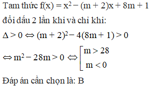 Các giá trị m để tam thức f(x)=x2−(m+2)x+8m+1 đổi dấu 2 lần là: