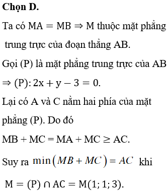 Trong không gian với hệ tọa độ Oxyz, cho 3 điểm A(-1;0;1),B(3;2;1),C(5;3;7). Gọi M(a;b;c) là điểm thỏa mãn MA = MB và MB + MC đạt giá trị nhỏ nhất. Tìm P=a+b+c ?