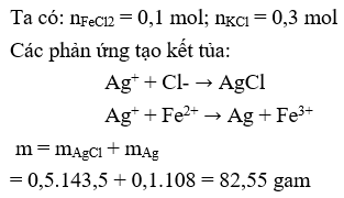 Hoà tan hoàn toàn 35,05 gam hỗn hợp gồm FeCl3 và KCl (có tỉ lệ số mol tương ứng là 1 : 3) vào một lượng nước (dư), thu được dung dịch X. Cho dung dịch AgNO3 (dư) vào dung dịch X, sau khi phản ứng xảy ra hoàn toàn sinh ra m gam chất rắn. Giá trị của m là