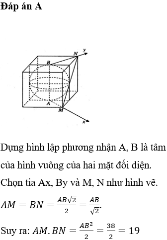 Trong không gian với hệ tọa độ Oxyz, cho các điểm A(-1; 2; 0), B(2; -3; 2). Gọi (S) là mặt cầu đường kính AB. Ax, By là hai tiếp tuyến với mặt cầu (S) và Ax⊥By Gọi M, N lần lượt là điểm di động trên Ax, By sao cho đường thẳng MN luôn tiếp xúc với mặt cầu (S). Tính giá trị của AM.BN.