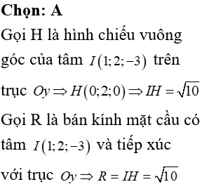 Trong không gian Oxyz, mặt cầu có tâm I(1;2;-3) và tiếp xúc với trục Oy có bán kính bằng