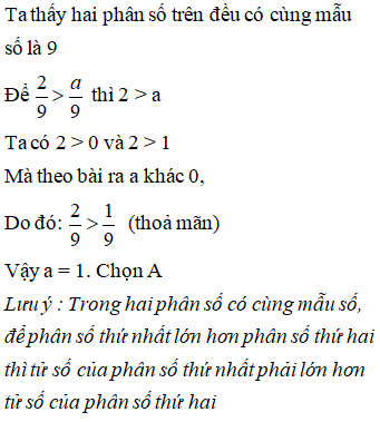 Lựa chọn đáp án đúng nhất: Tìm a, biết: 29>a9 (với a khác 0)