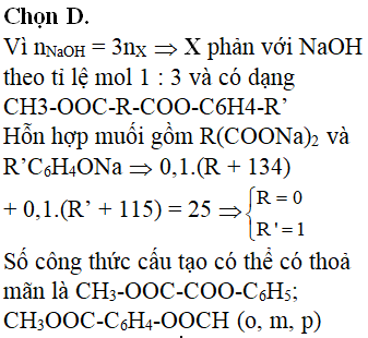 Este X hai chức, phân tử có chứa vòng benzen. Thủy phân hoàn toàn 0,1 mol X trong 300 ml dung dịch NaOH 1M đun nóng (phản ứng vừa đủ). Cô cạn dung dịch sau phản ứng, thu được 3,2 gam metanol và 25 gam hỗn hợp Y gồm hai muối khan. Số công thức cấu tạo của X là