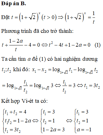 Bất phương trình 1+2x+1−2a2−1x−4=0 có 2 nghiệm phân biệt x<sub>1</sub>, x<sub>2</sub> thỏa mãn x1−x2=log1+23. Mệnh đề nào dưới đây đúng?