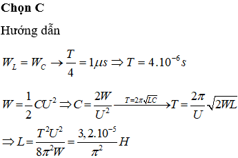 Trong mạch dao động tụ điện được cấp một năng lượng 1μJ từ nguồn điện một chiều có suất điện động 4V. Cứ sau những khoảng thời gian như nhau thì năng lượng trong tụ điện và trong cuộn cảm lại bằng nhau. Xác định độ tự cảm của cuộn dây ?