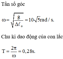 Tính chu kỳ dao động điều hòa của con lắc lò xo thẳng đứng biết rằng tại vị trí cân bằng lò xo bị biến dạng một đoạn 2 cm. Lấy g=10m/s2 và π=3,14