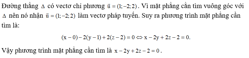 Trong không gian Oxyz, mặt phẳng đi qua điểm A(0;1;2) và vuông góc với đường thẳng Δ:x=2+ty=−3−2tz=1+2t cơ phương trình là