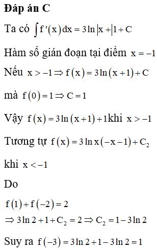 Cho hàm số f(x) xác định trên R\{1} thỏa mãn f'x=3x+1;f0=1 và f1+f-2=2. Giá trị f(-3) bằng