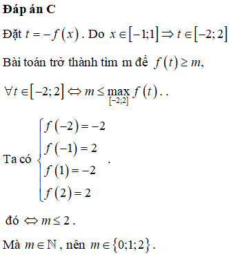 Cho hàm số f(x) thỏa mãn f(-2) = -2; f(2) = 2 và có bảng biến thiên như sauCó bao nhiêu số tự nhiên m để bất phương trình f−fx≥m có nghiệm trên [-1;1].