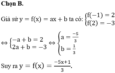 Một hàm số bậc nhất y=f(x) có f(-1)=2 và f(2)= -3. Hàm số đó là: