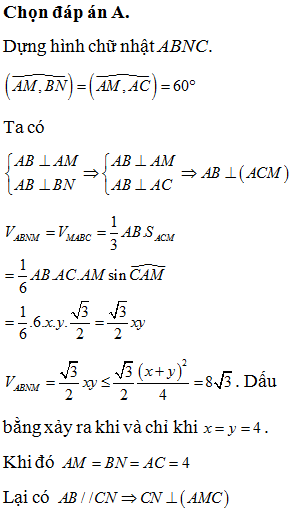 Cho hai đường thẳng cố định a và b chéo nhau. Gọi AB là đoạn vuông góc chung của a và b (A thuộc a, B thuộc b). Trên a lấy điểm M (khác A), trên b lấy điểm N (khác B) sao cho AM=x, BN=y, x+y=8. Biết AB=6, góc giữa hai đường thẳng a và b bằng 600. Khi thể tích khối tứ diện ABNM đạt giá trị lớn nhất hãy tính độ dài đoạn MN (trong trường hợp MN>8).
