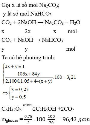 Cho glucozơ lên men với hiệu suất 70% hấp thụ toàn bộ sản phẩm khí thoát ra vào 2 lít dung dịch NaOH 0,5M (D = 1,05 g/ml) thu được dung dịch chứa hai muối với tổng nồng độ là 3,21%. Khối lượng glucozơ đã dùng là