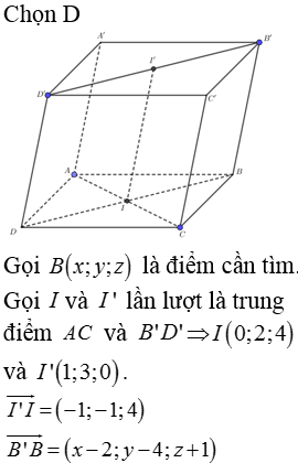 Trong không gian với hệ tọa độ Oxyz, cho hình hộp ABCD.A’B’C’D’ với A(-2;1;3), C(2;3;5), B’(2;4;-1), D’(0;2;1). Tìm tọa độ điểm B