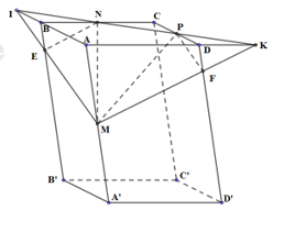 Cho hình hộp ABCD.A’B’C’D’. Gọi M, N, P lần lượt là trung điểm của AA’, BC, CD. Mặt phẳng (MNP) chia khối hộp thành hai phần có thể tích là \[{V_1},{V_2}\]. Gọi \[{V_1}\] là thể tích phần chứa điểm C. Tỉ số \[\frac{}{}\] bằng