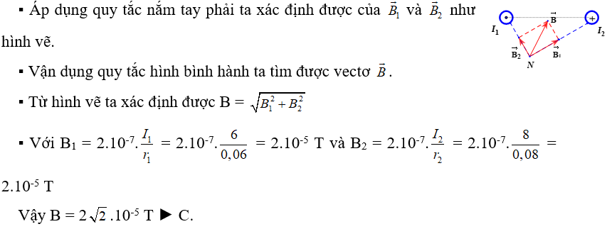 Hai dòng điện cường độ I1 = 6 A, I2 = 8 A chạy trong hai dây dẫn thẳng song song dài vô hạn có chiều dài ngược nhau, được đặt trong chân không cách nhau một khoảng a = 10 cm. Cảm ứng từ tại điểm N cách I1, I2 tương ứng là 6 cm và 8 cm có độ lớn bằng