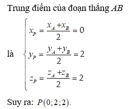 Trong không gian Oxyz, cho hai điểm A-2;3;1 và B2;1;3. Điểm nào dưới đây là trung điểm của đoạn thẳng AB?