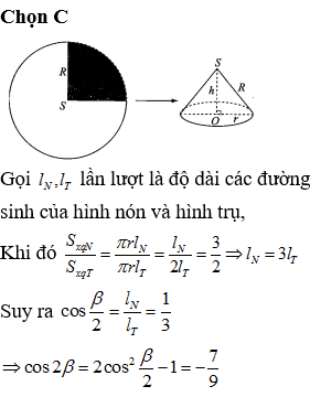 Cho hình trụ T. Một hình nón N có đáy là một đáy của hình trụ, đỉnh S của hình nón là tâm của đáy còn lại. Biết tỉ số diện tích xung quanh của hình nón và diện tích xung quanh của hình trụ bằng 32. Gọi β là góc ở đỉnh của hình nón đã cho. Tính cosβ