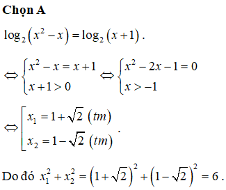 Gọi x<sub>1</sub>, x<sub>2</sub> là các nghiệm của phương trình log2x2−x=log2x+1. Tính P=x12+x22.