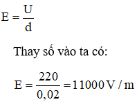 Giữa hai bản kim loại phẳng song song cách nhau 2 cm có một hiệu điện thế không đổi 220 V. Cường độ điện trường ở khoảng giữa hai bản kim loại là