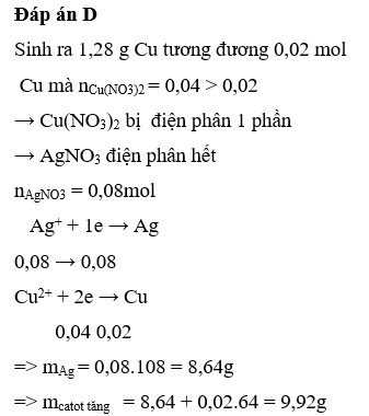 Điện phân 200 ml dung dịch AgNO3 0,4M và Cu(NO<sub>3</sub>) 0,2M với điện cực trơ. Sau một thời gian điện phân lấy catot ra làm khô cân lại thấy tăng m gam, trong đó có 1,28 gam Cu. Giá trị của m là