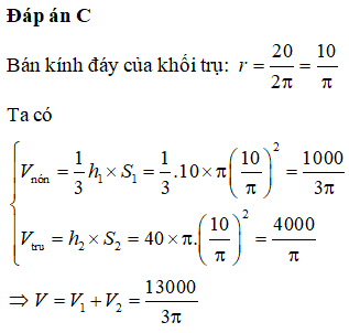 Một cái cột có hình dạng như hình bên (gồm một khối nón và một khối trụ khép lại). Chiều cao đo được ghi trên hình, chu vi đáy là 20cm. Thể tích của cột bằng