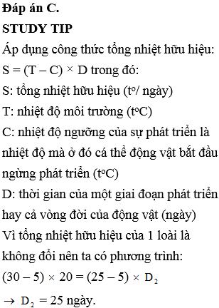 Một loài sâu có nhiệt độ ngưỡng của sự phát triển là 5%, thời gian một vòng đời ở 30<sup>o</sup>C là 20 ngày. Một vùng có nhiệt độ trung bình 25<sup>o</sup>C thì thời gian một vòng đời của loài này tính theo lí thuyết sẽ là