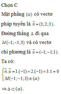 Trong không gian Oxyz, cho mặt phẳng (α):x+2y+3z−6=0 và đường thẳng Δ:x+1−1=y+1−1=z−31. Mệnh đề nào sau đây đúng ?