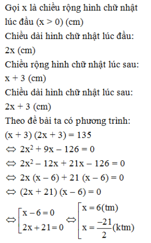 Một hình chữ nhật có chiều dài gấp 2 lần chiều rộng. Nếu cả chiều dài và chiều rộng cùng tăng thêm 3 cm thì được một hình chữ nhật mới có diện tích bằng 135cm2. Tìm chu vi của hình chữ nhật ban đầu.