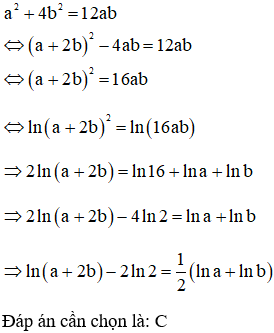 Cho a, b là các số dương thỏa mãn a2+4b2=12ab. Chọn khẳng định đúng trong các khẳng định sau