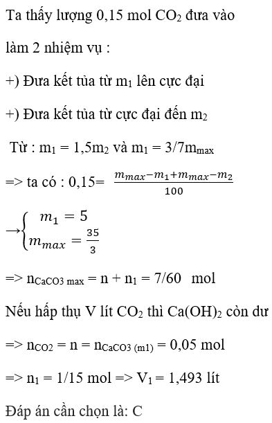 Hấp thụ hoàn toàn V lít CO2 vào dung dịch CaOH2 a M thì thu được m<sub>1</sub> gam kết tủa. Nếu hấp thụ (V + 3,36) lít CO2 vào dung dịch CaOH2 trên thì thu được m2 gam kết tủa. Nếu thêm (V+V1) lít CO2 vào dung dịch đã cho thì thu được lượng kết tủa cực đại. Biết m1<sub> </sub>: m2 = 3 : 2; m1 bằng 3/7 khối lượng kết tủa cực đại, các khí đều ở đktc. Giá trị của V1 là